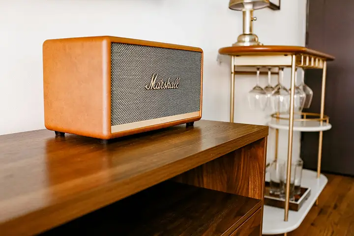 Vintage-style speaker on shelf, bar cart in background with glasses.