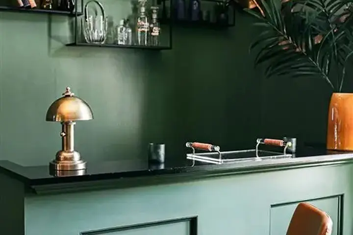 Home bar with dark green walls, vintage lamp, and leafy plant.